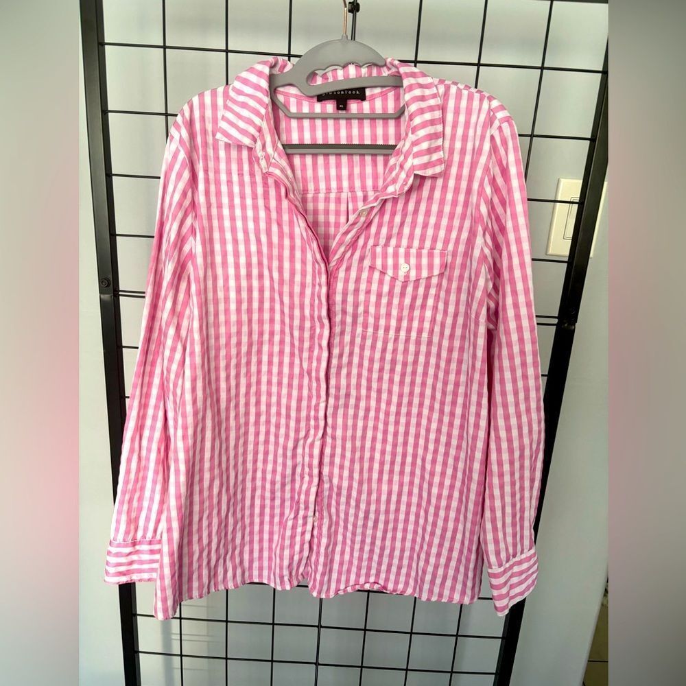 Gibsonlook Pink and White Plaid Button-Up Shirt EUC